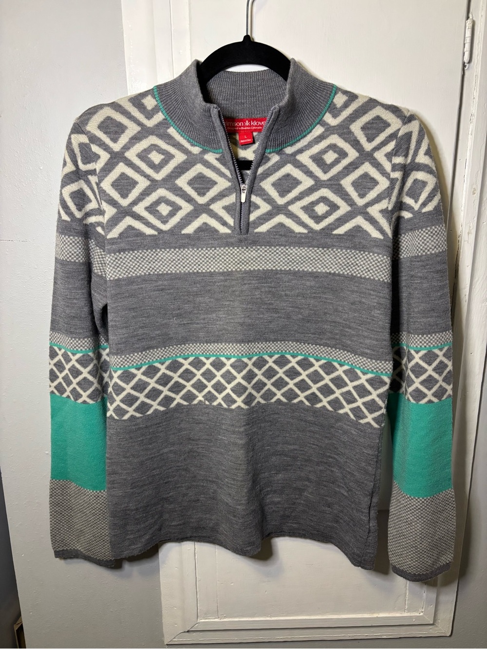 Krimson Klover Merino Wool Gray and Teal Geometric Quarter-Zip Sweater